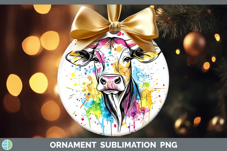 Watercolor Splatter Cow Ornament Sublimation Bauble Designs