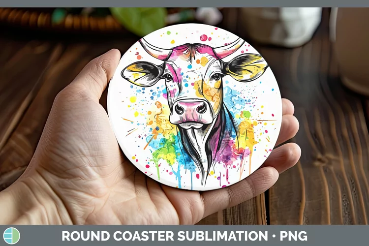 Watercolor Splatter Cow Round Coaster Sublimation Coaster De