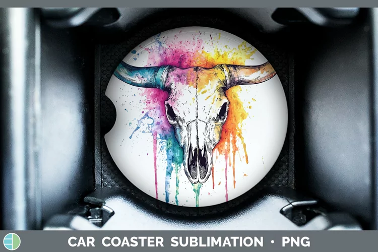 Watercolor Splatter Cow Skull Car Coaster Sublimation Desig