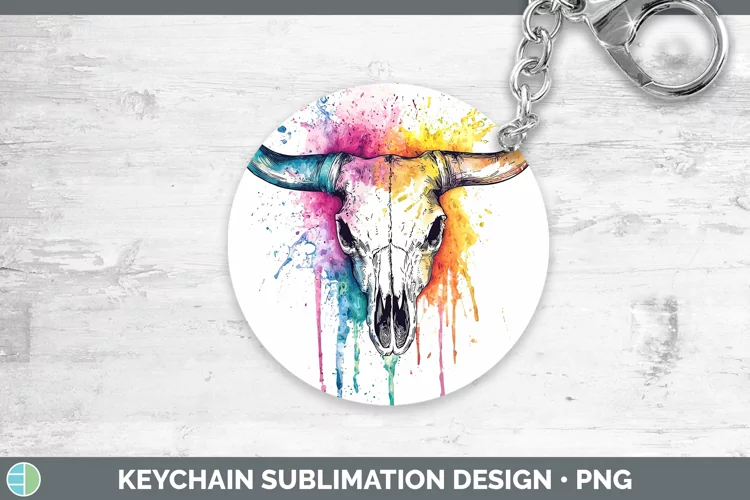Watercolor Splatter Cow Skull Keychain Sublimation Keyring D