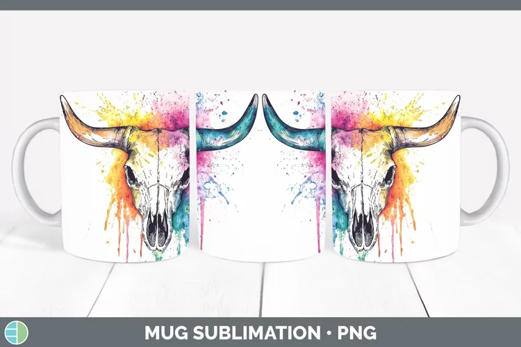 Watercolor Splatter Cow Skull Mug Wrap Sublimation Coffee Cu