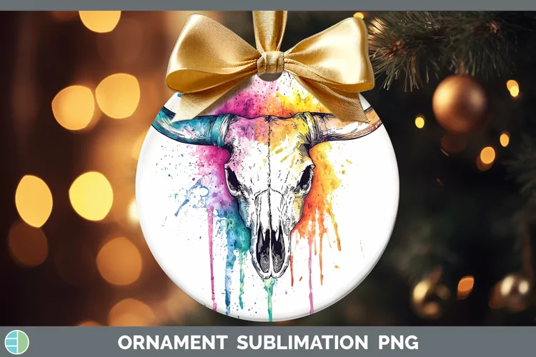 Watercolor Splatter Cow Skull Ornament Sublimation Bauble De