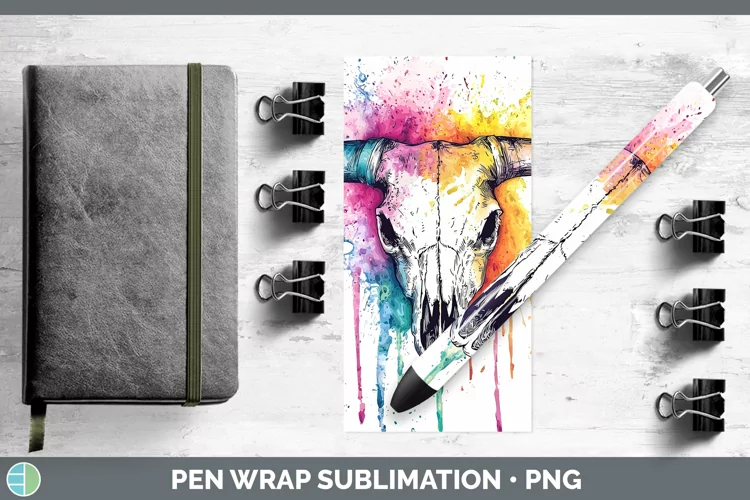 Watercolor Splatter Cow Skull Pen Wrap Sublimation Pen Desig