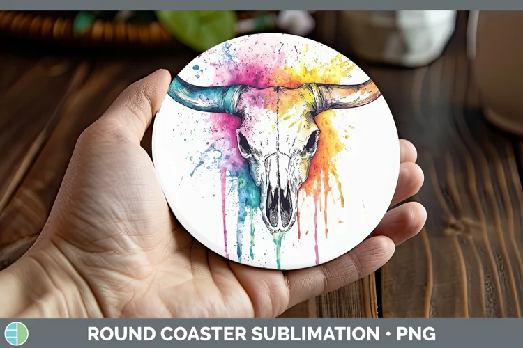 Watercolor Splatter Cow Skull Round Coaster Sublimation Coas