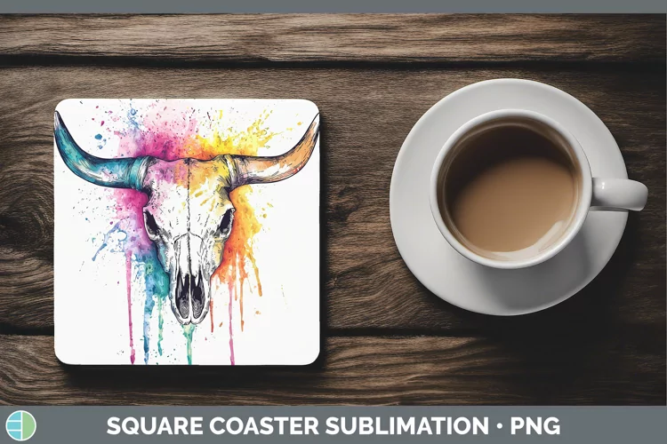 Watercolor Splatter Cow Skull Square Coaster Sublimation Coa