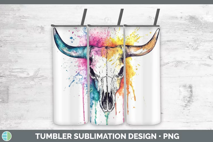 Watercolor Splatter Cow Skull Tumbler Sublimation 20 oz Skin