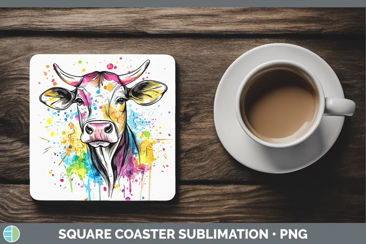 Watercolor Splatter Cow Square Coaster Sublimation Coaster D