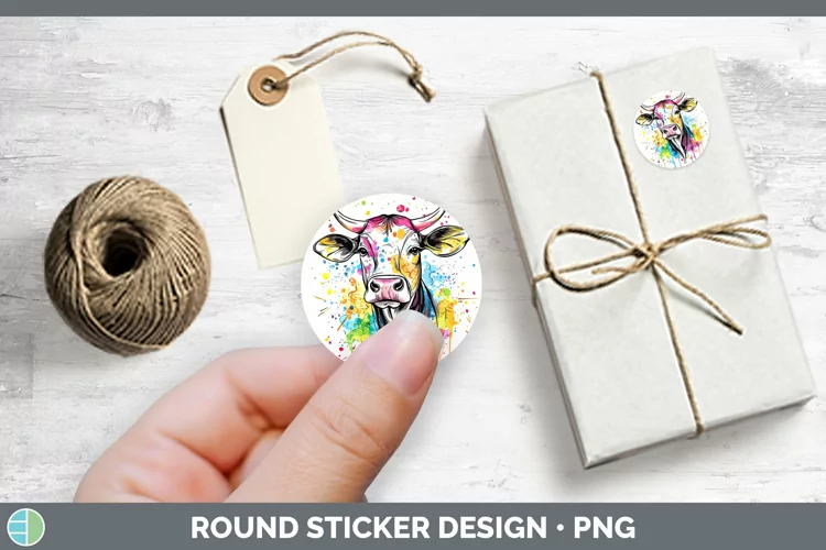 Watercolor Splatter Cow Stickers | Round Labels Designs