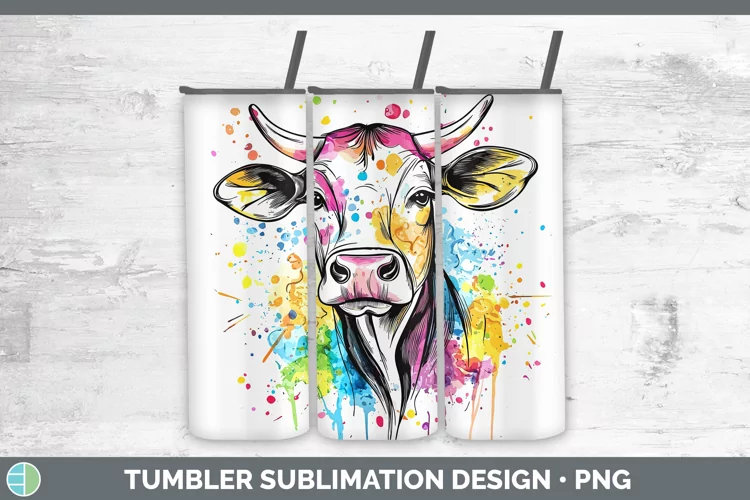 Watercolor Splatter Cow Tumbler Sublimation 20 oz Skinny Tum