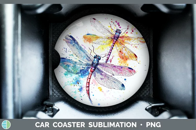 Watercolor Splatter Dragonfly Car Coaster Sublimation Desig
