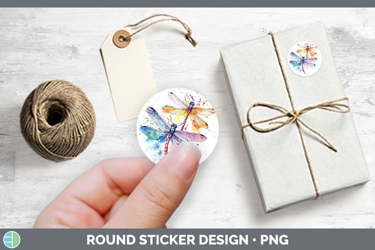 Watercolor Splatter Dragonfly Stickers | Round Labels Design