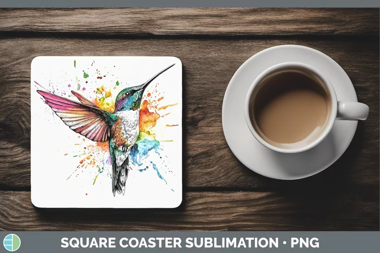 Watercolor Splatter Hummingbird Square Coaster Sublimation C