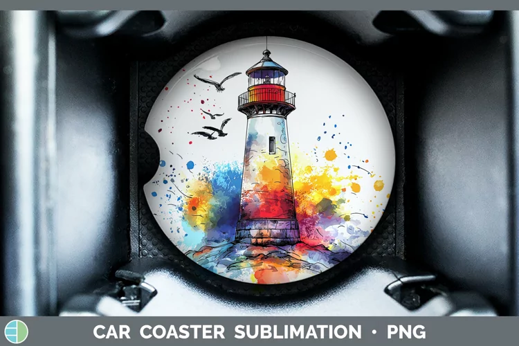 Watercolor Splatter Lighthouse Car Coaster Sublimation Desi
