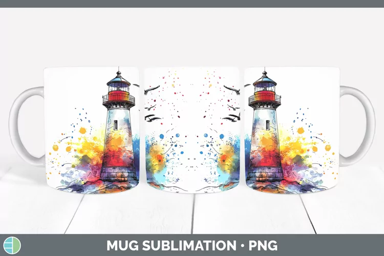 Watercolor Splatter Lighthouse Mug Wrap Sublimation Coffee C