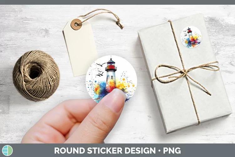 Watercolor Splatter Lighthouse Stickers | Round Labels Desig