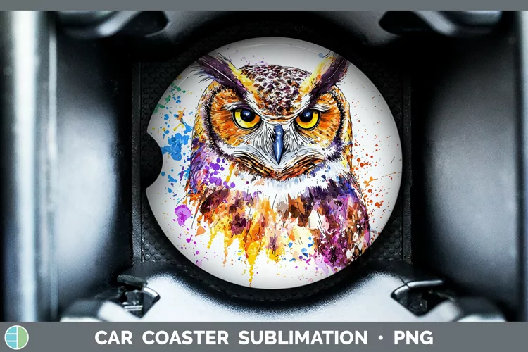 Watercolor Splatter Owl Car Coaster Sublimation Designs