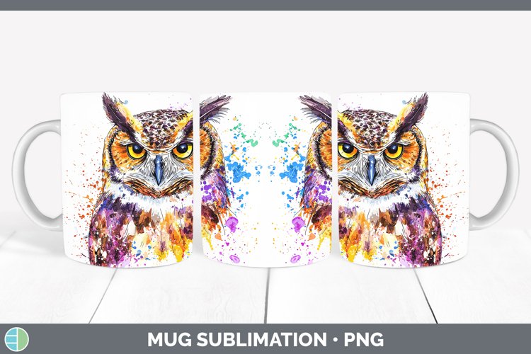 Watercolor Splatter Owl Mug Wrap Sublimation Coffee Cup Desi