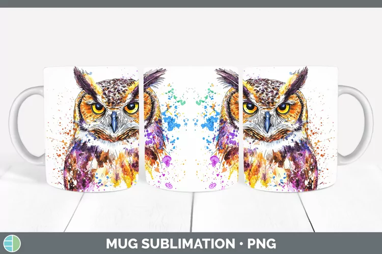 Watercolor Splatter Owl Mug Wrap Sublimation Coffee Cup Desi