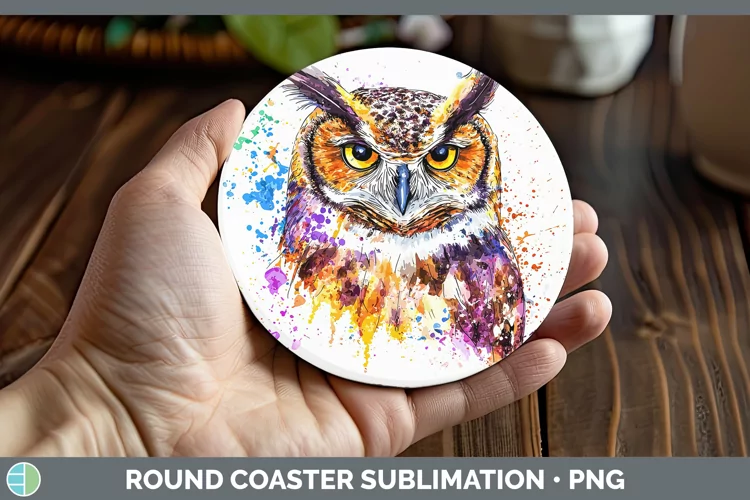 Watercolor Splatter Owl Round Coaster Sublimation Coaster De