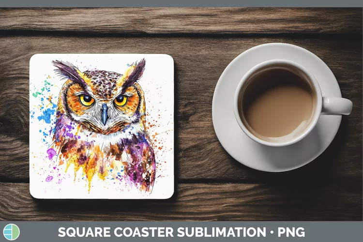 Watercolor Splatter Owl Square Coaster Sublimation Coaster D