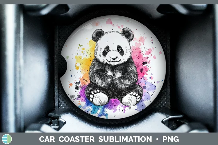 Watercolor Splatter Panda Car Coaster Sublimation Designs