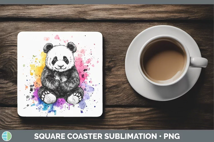Watercolor Splatter Panda Square Coaster Sublimation Coaster