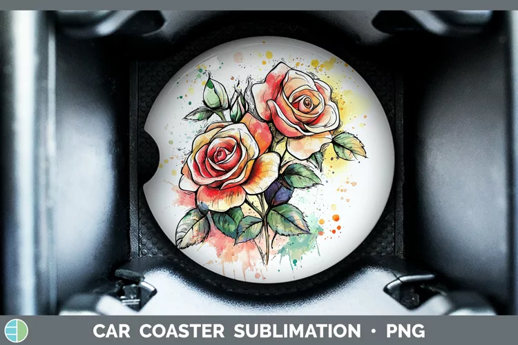 Watercolor Splatter Rose Car Coaster Sublimation Designs