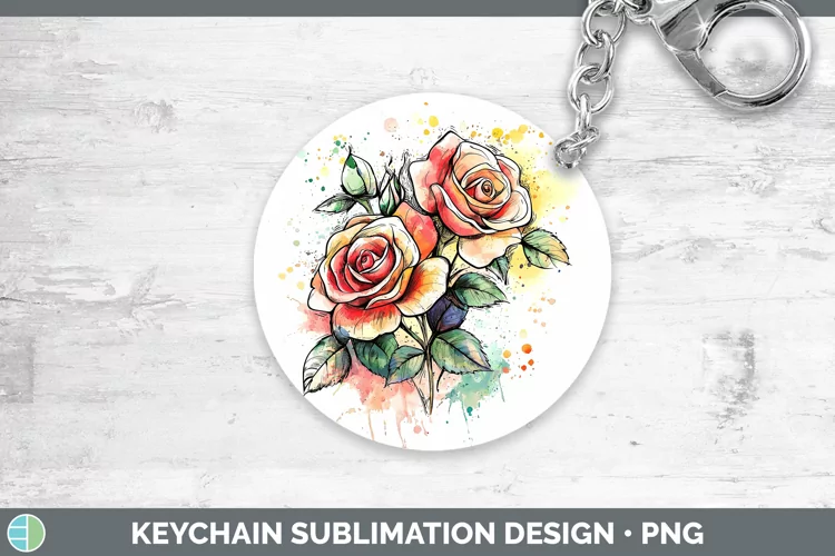 Watercolor Splatter Rose Keychain Sublimation Keyring Design