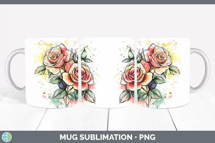 Watercolor Splatter Rose Mug Wrap Sublimation Coffee Cup Des