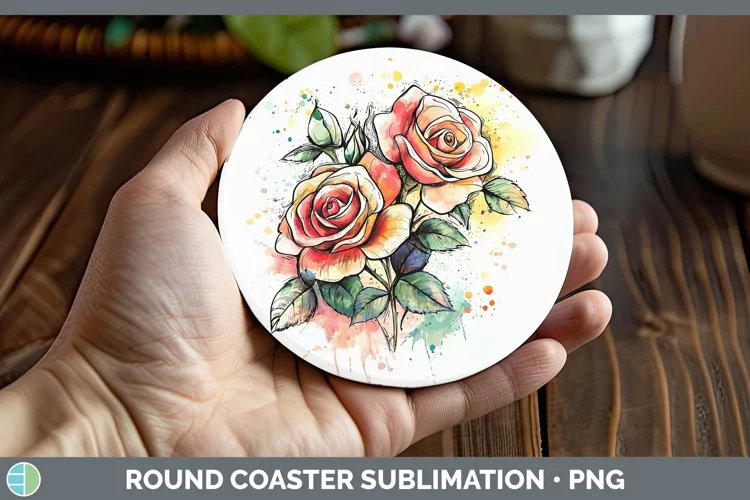 Watercolor Splatter Rose Round Coaster Sublimation Coaster D