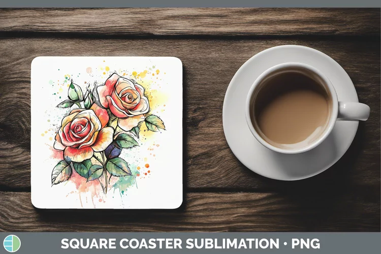 Watercolor Splatter Rose Square Coaster Sublimation Coaster