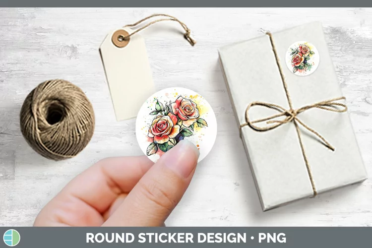 Watercolor Splatter Rose Stickers | Round Labels Designs