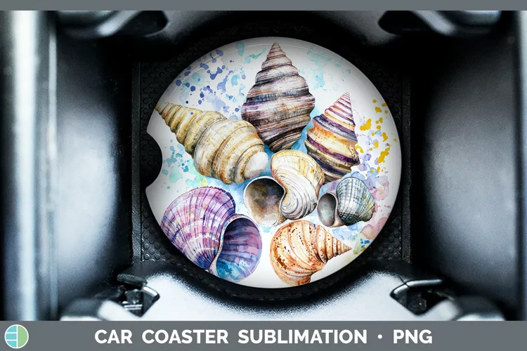 Watercolor Splatter Seashell Car Coaster Sublimation Design