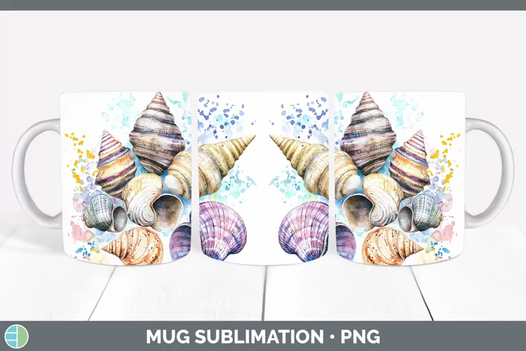 Watercolor Splatter Seashell Mug Wrap Sublimation Coffee Cup