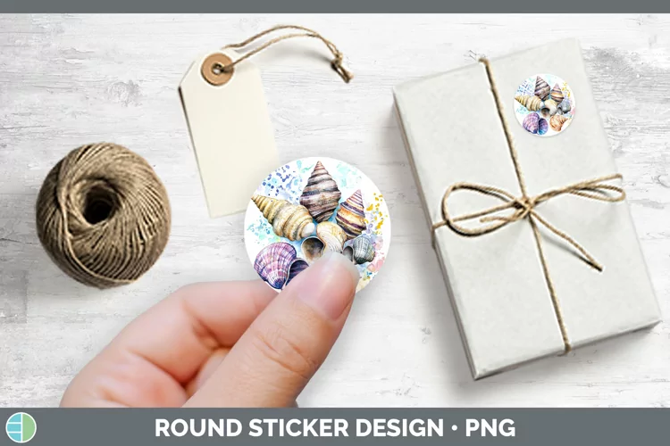 Watercolor Splatter Seashell Stickers | Round Labels Designs