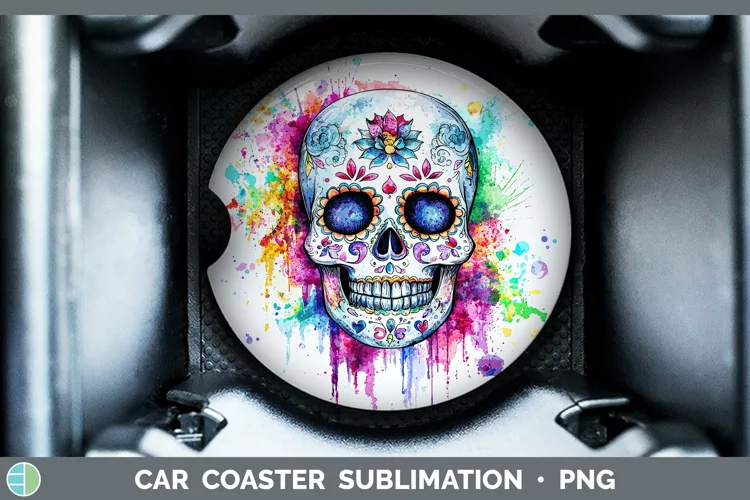 Watercolor Splatter Sugar Skull Car Coaster Sublimation Des