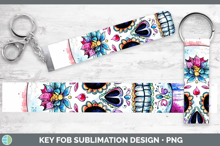 Watercolor Splatter Sugar Skull Key Fob Sublimation Wristlet