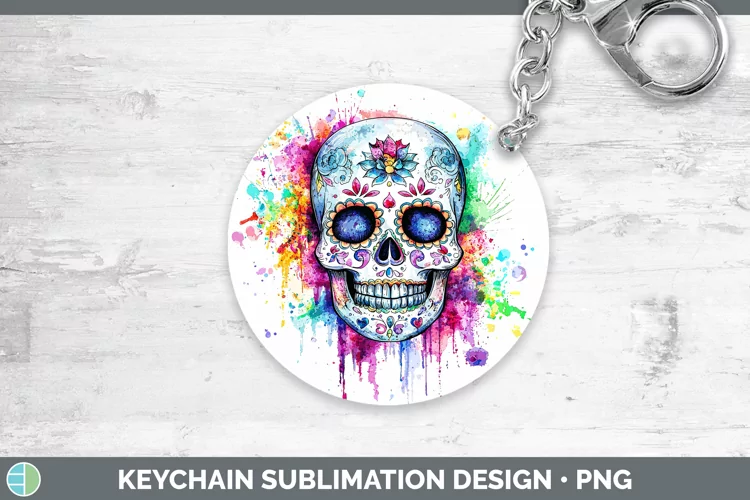 Watercolor Splatter Sugar Skull Keychain Sublimation Keyring