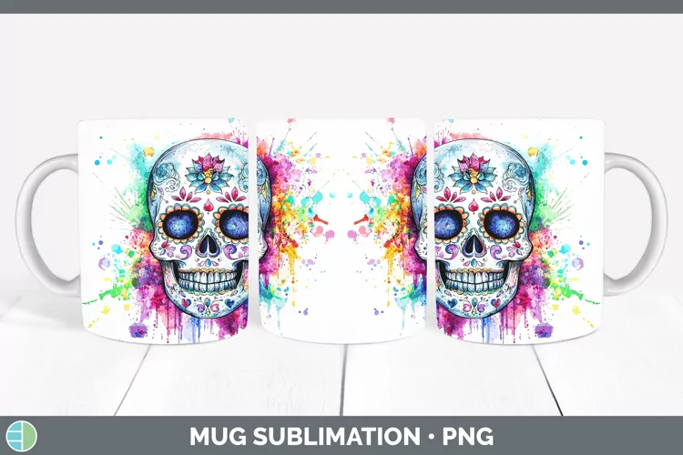 Watercolor Splatter Sugar Skull Mug Wrap Sublimation Coffee