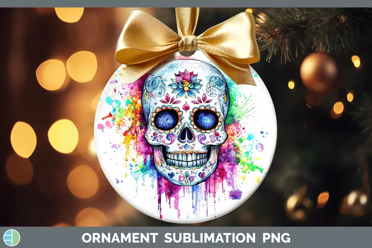 Watercolor Splatter Sugar Skull Ornament Sublimation Bauble