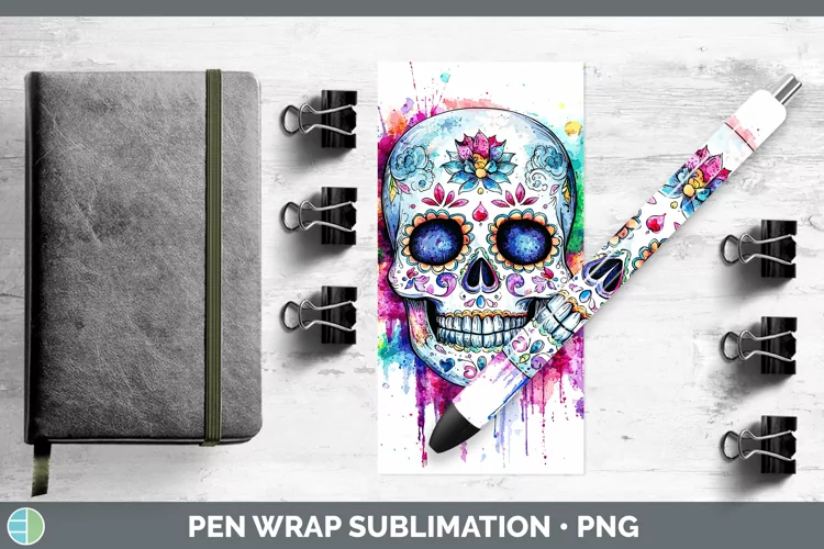 Watercolor Splatter Sugar Skull Pen Wrap Sublimation Pen Des
