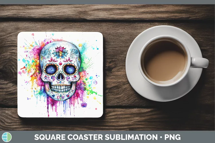 Watercolor Splatter Sugar Skull Square Coaster Sublimation C