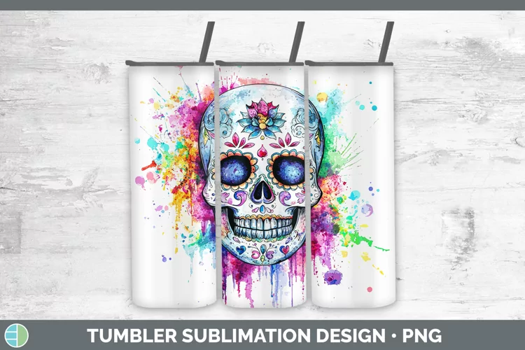 Watercolor Splatter Sugar Skull Tumbler Sublimation 20 oz Sk