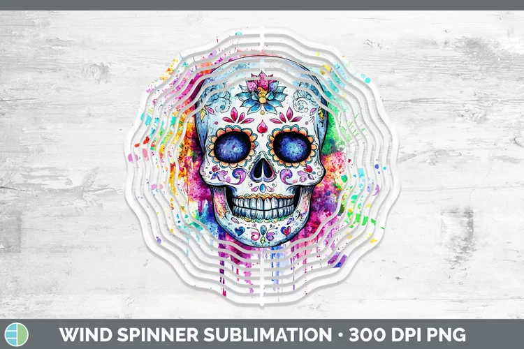Watercolor Splatter Sugar Skull Wind Spinner Sublimation Spi