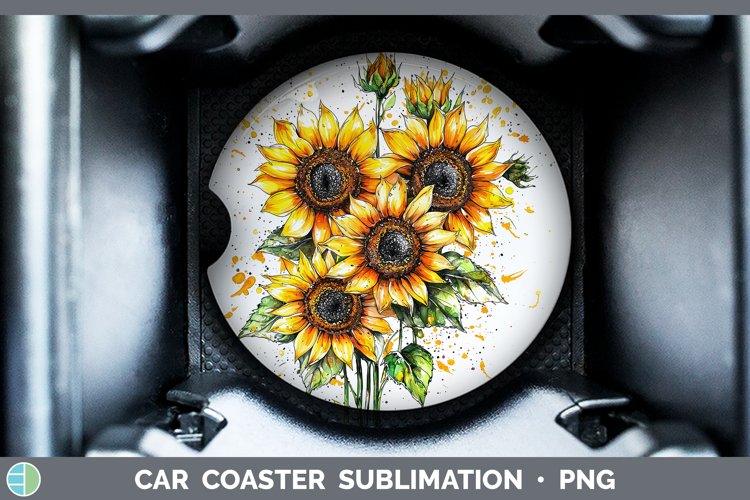 Watercolor Splatter Sunflower Car Coaster Sublimation Desig