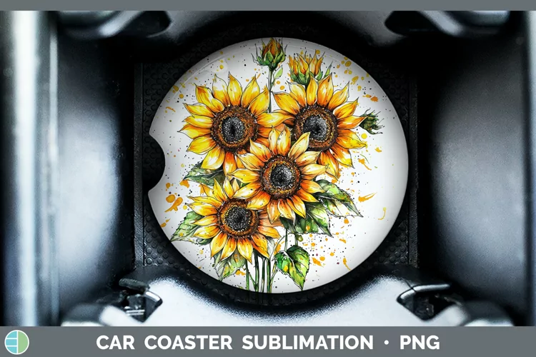Watercolor Splatter Sunflower Car Coaster Sublimation Desig