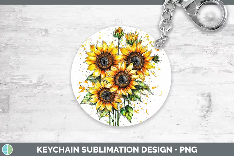 Watercolor Splatter Sunflower Keychain Sublimation Keyring D