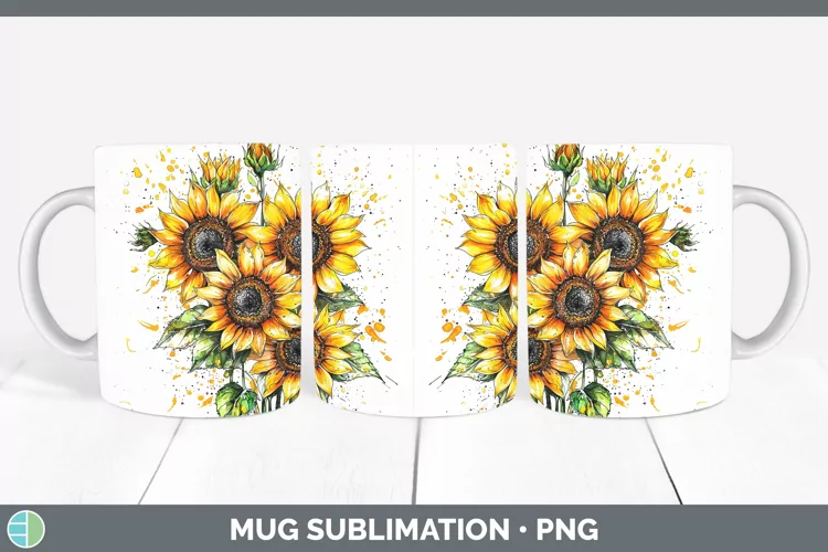 Watercolor Splatter Sunflower Mug Wrap Sublimation Coffee Cu