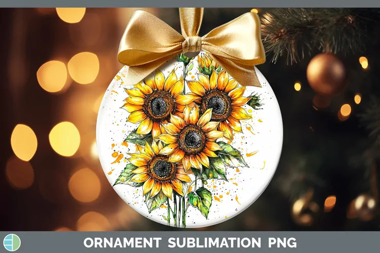 Watercolor Splatter Sunflower Ornament Sublimation Bauble De