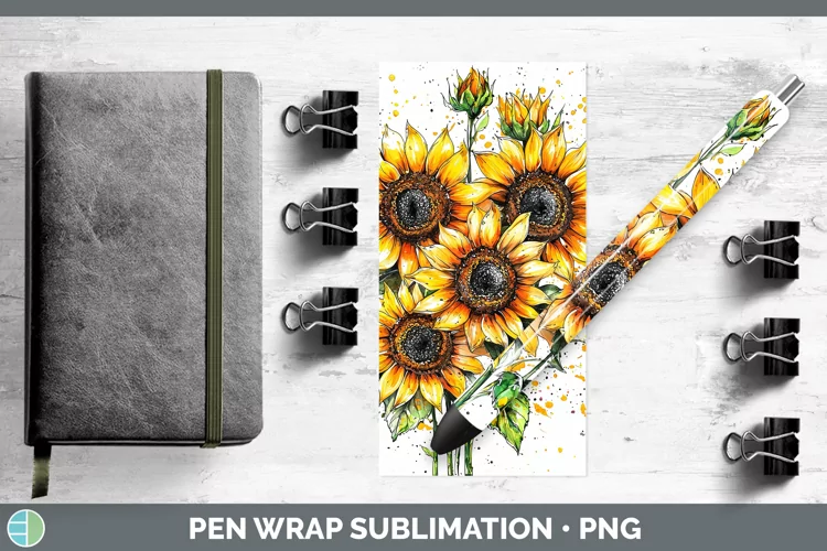 Watercolor Splatter Sunflower Pen Wrap Sublimation Pen Desig